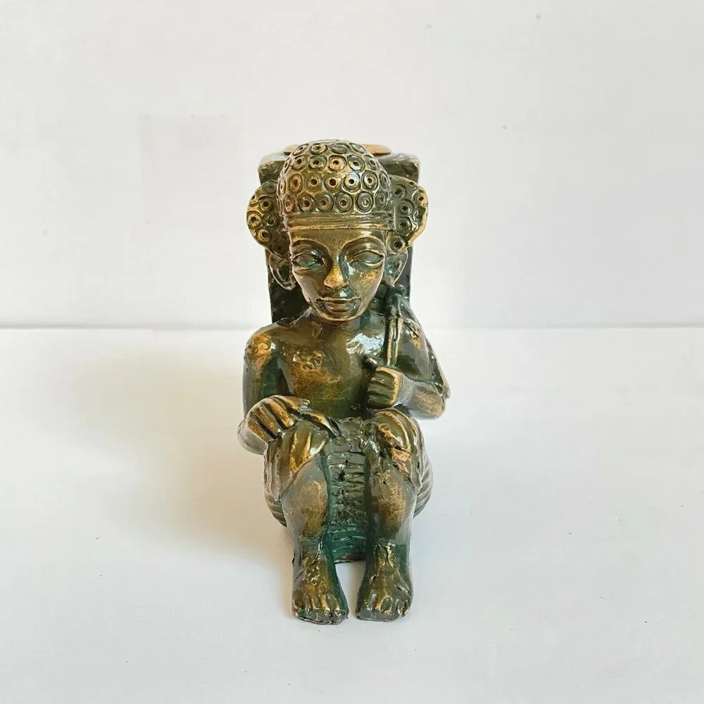 Hand Painted Egyptian Hieroglyphs Candlestick Candle Holder Pharaoh Decor MCM